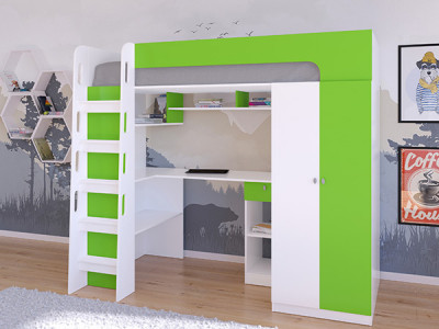 Кровать чердак Астра 10 Белый/Салатовый