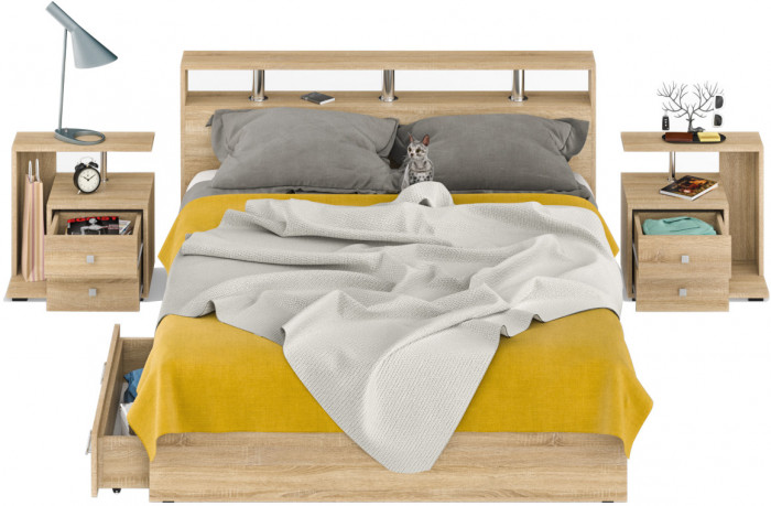 Камелия Кровать с ящиками 1600 + две тумбы, дуб сонома