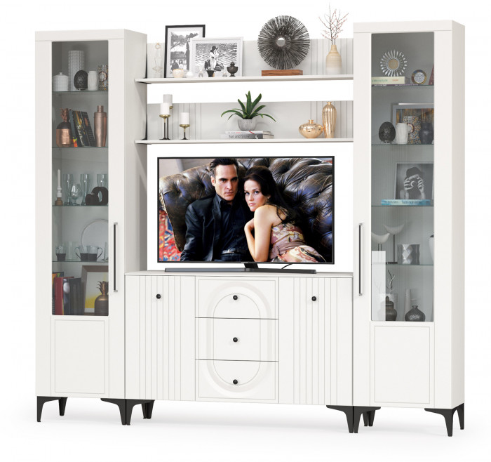 Валенсия Гостиная № 101, цвет ЛДСП белый шагрень/МДФ белый шагрень, ШхГхВ 243,2х38,4х225,2 см., ниша для ТВ 133х38х90 см.