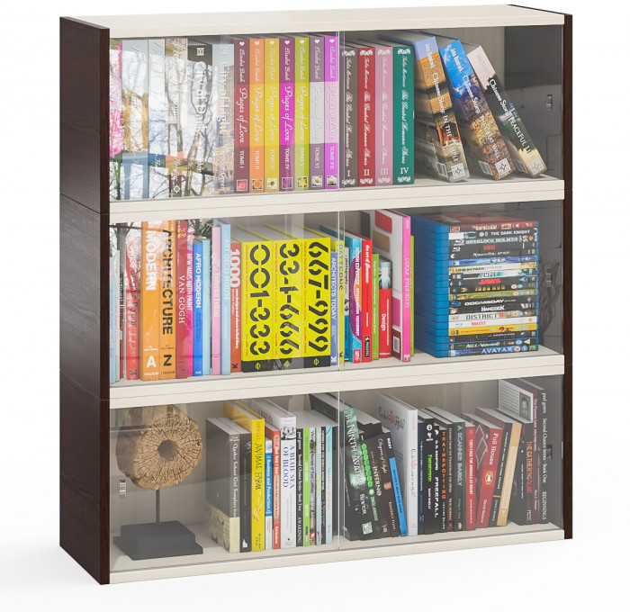 Три полки книжных С-МД-КН01, цвет венге/дуб, ШхГхВ размер каждой полки в отдельности: 83х25х30 см., стеклянные дверцы