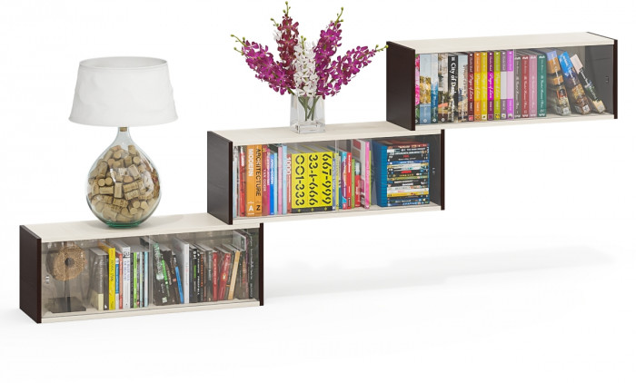 Три полки книжных С-МД-КН01, цвет венге/дуб, ШхГхВ размер каждой полки в отдельности: 83х25х30 см., стеклянные дверцы