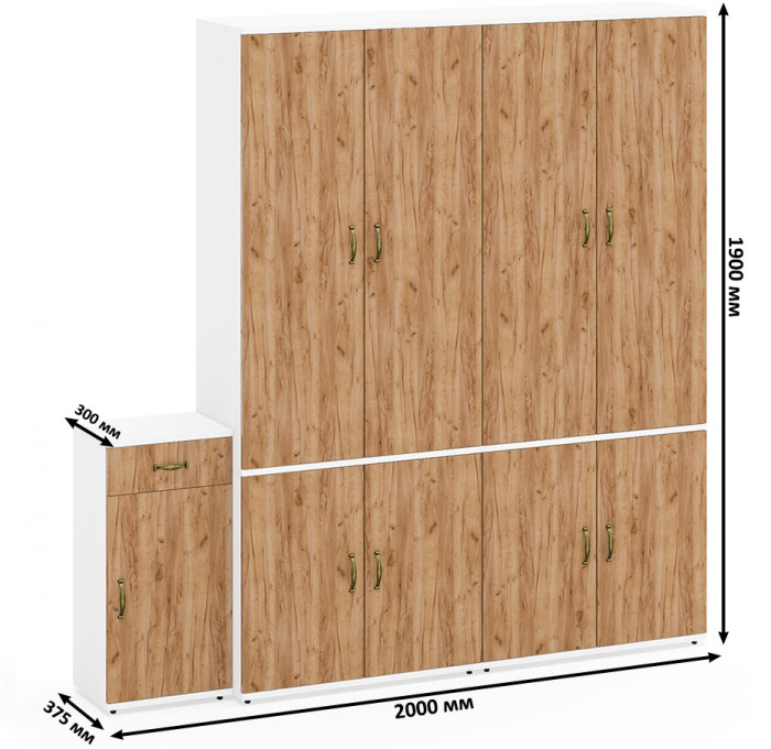 Лидер-8 Шкаф МД 20Б + Шкаф МД 20Б + Тумба МД 3.15, цвет белый шагрень/крафт золото, ШхГхВ 200х37,5х190 см., НЕ универсальная сборка