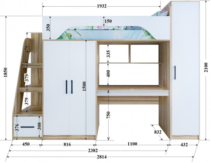Кровать-чердак Тея + Шкаф, винтерберг / амарант