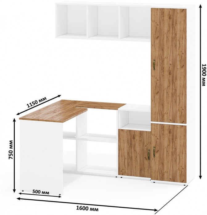 Лидер-8 Стол + Полка + Тумба МД 3.19 + Пенал МД 21Б, цвет белый шагрень/крафт золото, ШхГхВ 245х50/37,5х75/190 или 115х160/50х75/190 см., НЕ ун. сб.