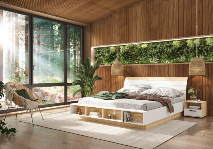 САНСА КР-02 Кровать 1.6х2.0 Фасад ДУБ СОНОМА/Корпус БЕЛЫЙ,ДУБ СОНОМА