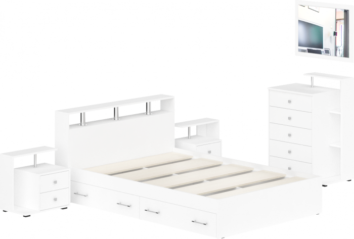 Камелия спальня № 12 Кровать с ящиками 1400 + Две тумбы + Комод + Зеркало, цвет белый, сп.м. 1400х2000 мм., б/м, основание есть