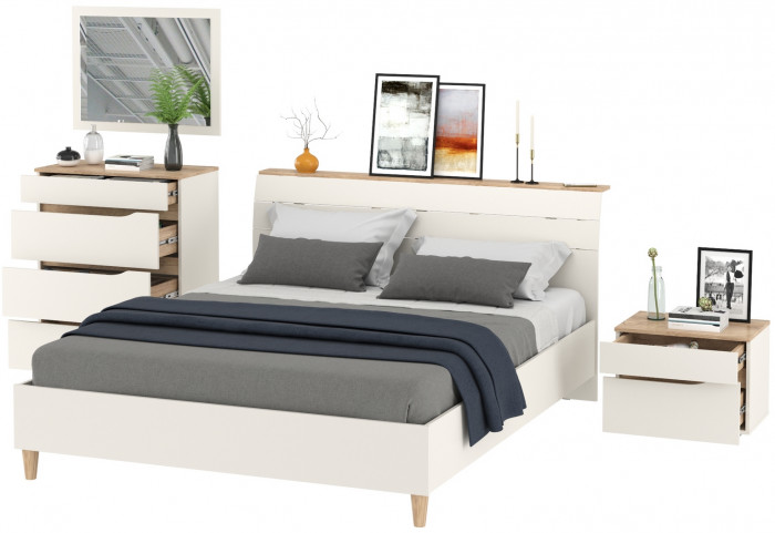 Муссон Кровать 11.41 + ортопед + Тумба 16.03 + Комод 13.97 + Зеркало СВК, цвет белый/дуб эндгрейн элегантный, сп. м. 1600х2000 мм., б/м