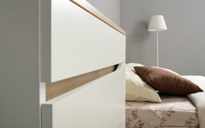 Муссон Кровать 11.41 + ортопед + Тумба 16.03 + Комод 13.97 + Зеркало СВК, цвет белый/дуб эндгрейн элегантный, сп. м. 1600х2000 мм., б/м