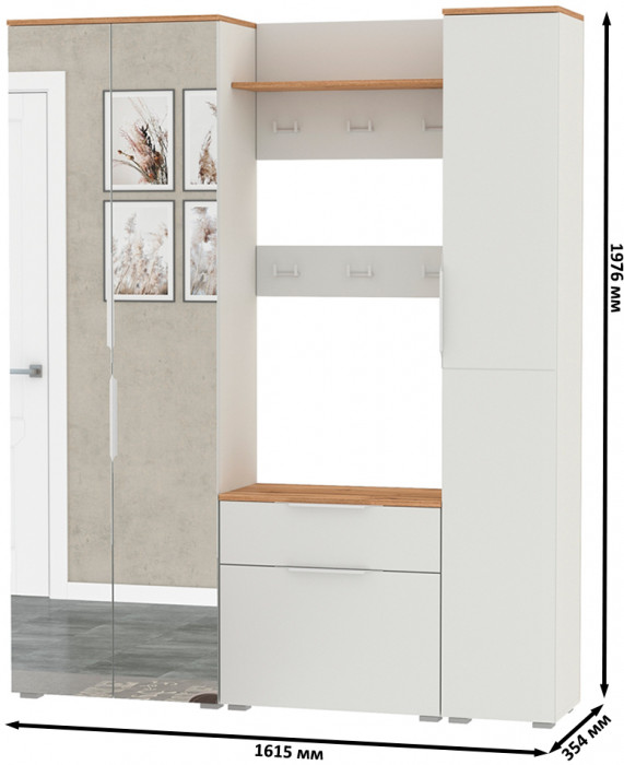 Октава Прихожая 15-123Н, цвет белый шагрень/дуб крафт золотой/фасады МДФ белый шагрень, ШхГхВ 161,5х35,4х197,6 см., универсальная сборка