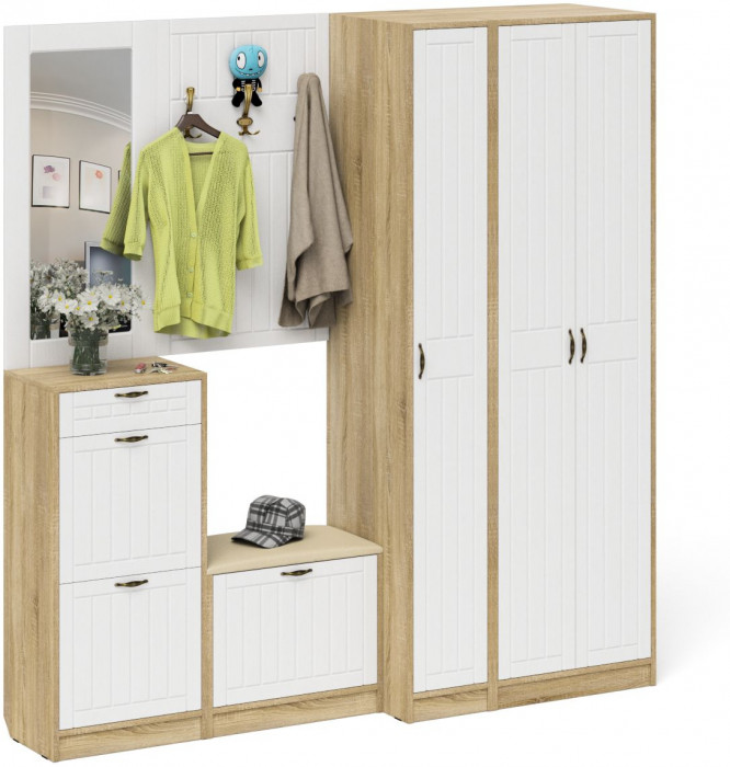 Прихожая П-6 Компоновка № 51, цвет дуб сонома/фасады МДФ белое дерево фрезеровка прованс, ШхГхВ 200х50х210 см., универсальная сборка