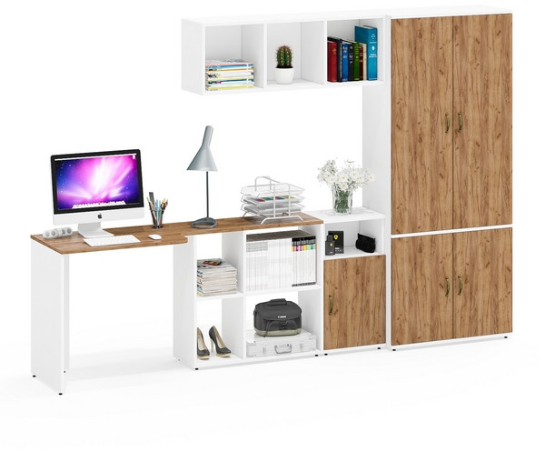 Лидер-8 Стол + Полка + Тумба МД 3.19 + Шкаф МД 20Б, белый шагрень/крафт золото