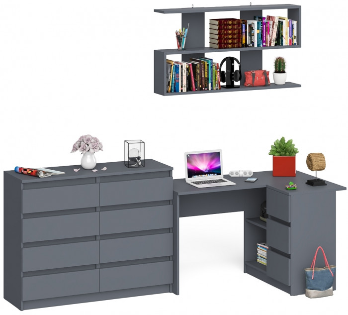 Мори компьютерный стол МС-16 правый + Комод МК1200.8 + Полка 1200, графит