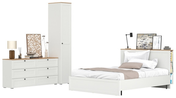 Остин 11.53 Кровать + ортопед + 13.225 Шкаф-пенал + 16.240 Комод, белый шагрень/дуб крафт золотой