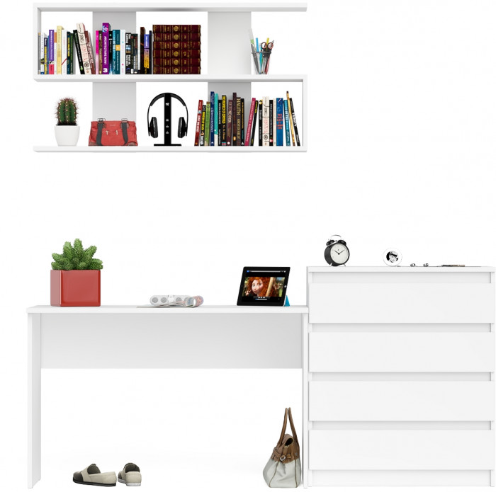 Мори Стол письменный МСП1200.1 + Комод МК800.4 + Полка 1200, цвет белый, ШхГхВ 200,8х50х209,6 см., универсальная сборка