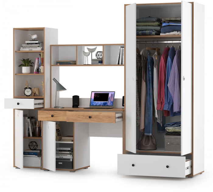 Вуди Компоновка № 24, цвет белый премиум/дуб крафт золотой, ШхГхВ 241х52,7х205 см., универсальная сборка