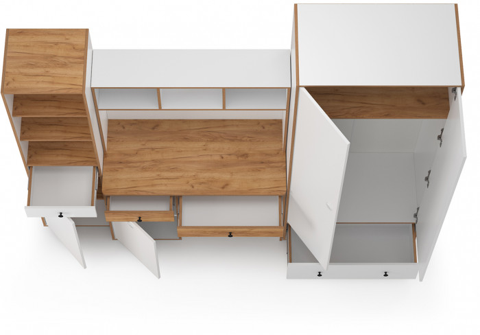 Вуди Компоновка № 24, цвет белый премиум/дуб крафт золотой, ШхГхВ 241х52,7х205 см., универсальная сборка