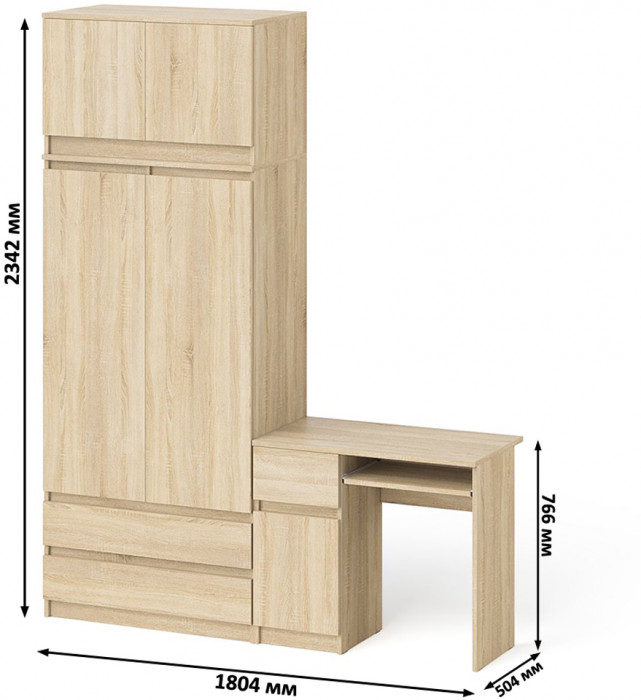 Мори Стол компьютерный МС-1 левый + Шкаф МШ900.1 + Антресоль МА900.1, цвет дуб сонома, ШхГхВ 180,4х50,4х234,2 см., выдвиж. ящик слева, НЕ универс. сб.