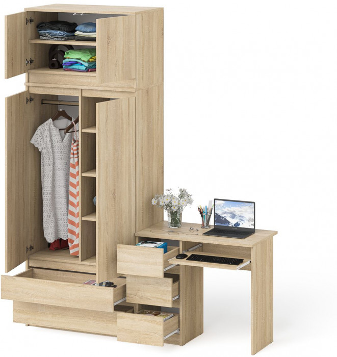 Мори Стол компьютерный МС-6 левый + Шкаф МШ900.1 + Антресоль МА900.1, цвет дуб сонома, ШхГхВ 180,4х50,4х234,2 см., выдвиж. ящики слева, НЕ ун. сб.