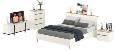 Муссон Кровать 11.41 + ортопед + Тумба 16.03 + Комод 13.97 + Тумба ТВ 13.276, цвет белый/чёрный/дуб эндгрейн элегантный, сп. м. 1600х2000 мм., б/м