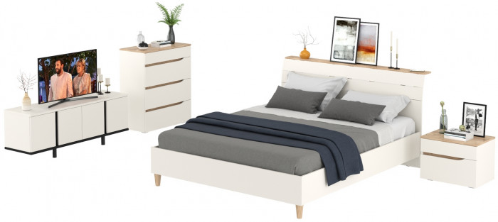Муссон Кровать 11.41 + ортопед + Тумба 16.03 + Комод 13.97 + Тумба ТВ 13.276, цвет белый/чёрный/дуб эндгрейн элегантный, сп. м. 1600х2000 мм., б/м