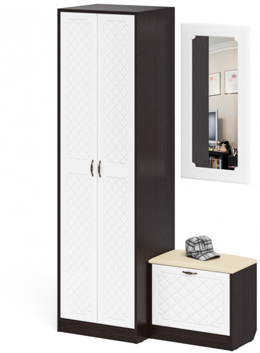 Прихожая П-6 Компоновка № 11, цвет венге/фасады МДФ белое дерево фрезеровка ромб, ШхГхВ 120х50х210 см., универсальная сборка