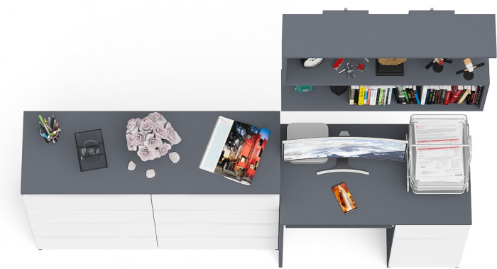 Мори компьютерный стол МС-1 правый + Комод МК1200.8 + Полка 900, графит/белый