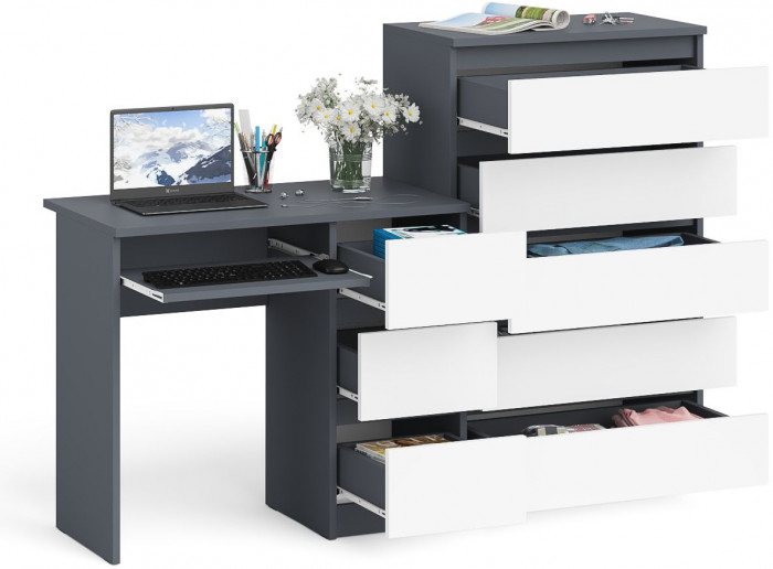 Мори Стол компьютерный МС-6 правый + Комод МК700.5, цвет графит/белый, ШхГхВ 160,4х50х114 см., выдвижные ящики справа, НЕ универсальная сборка