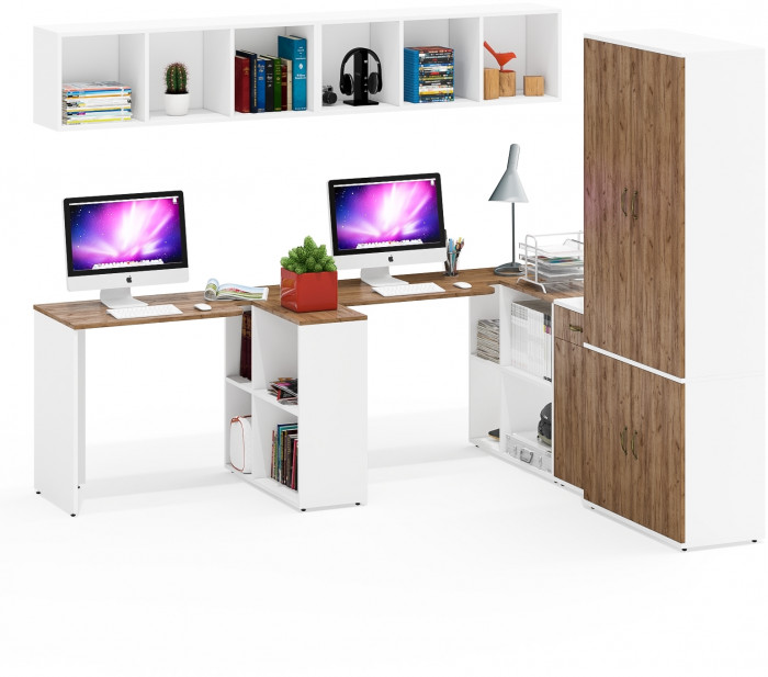 Лидер-8 Стол + Полка + Стол + Полка + Шкаф МД 20Б + Тумба МД 3.15, белый шагрень/крафт золото