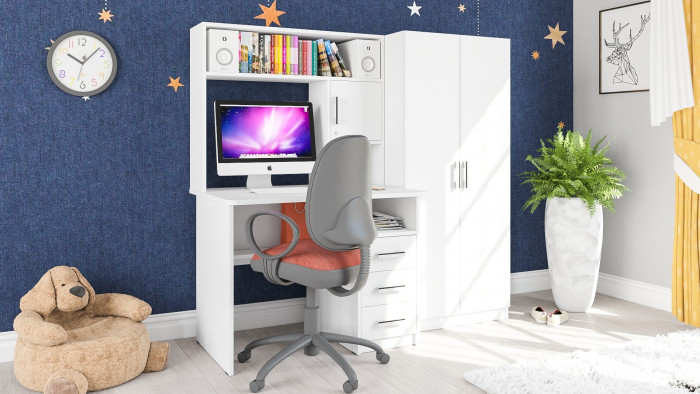 Стол компьютерный С-МД-СК9+Шкаф С-МД-СК9Ш, цвет белый шагрень, ШхГхВ 172х70х160 см., НЕ универсальная сборка