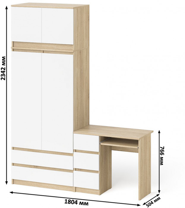 Мори Стол компьютерный МС-6 левый + Шкаф МШ900.1 + Антресоль МА900.1, цвет дуб сонома/белый, ШхГхВ 180,4х50,4х234,2 см., выдвиж. ящ. слева, НЕ ун. сб.