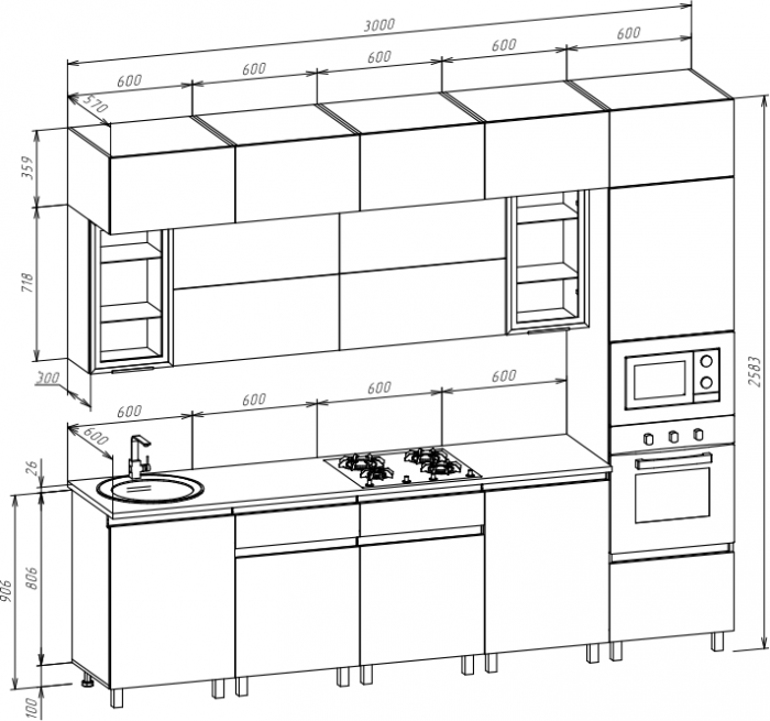 Кухня Техно-6 3,0/1080м, Белый/Белый снег софт/Прайм орех
