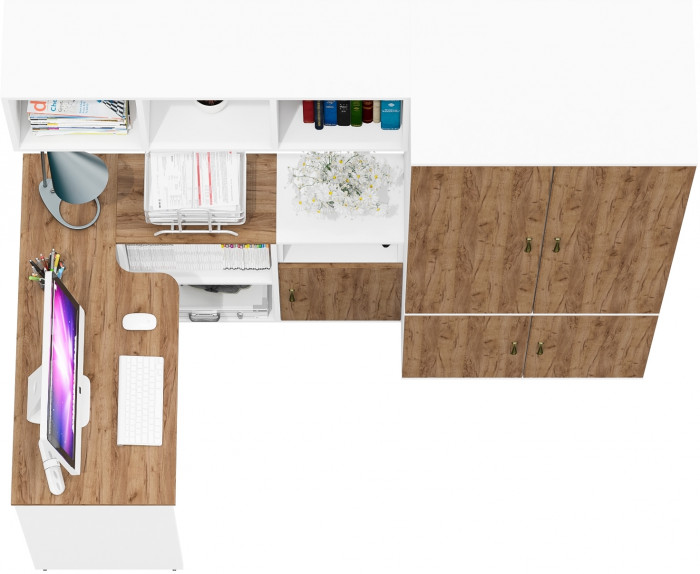 Лидер-8 Стол + Полка + Тумба МД 3.19 + Шкаф МД 19Б, цвет белый шагрень/крафт золото, ШхГхВ 285х50/50х75/190 или 200х115/50х75/190 см., НЕ ун. сб.