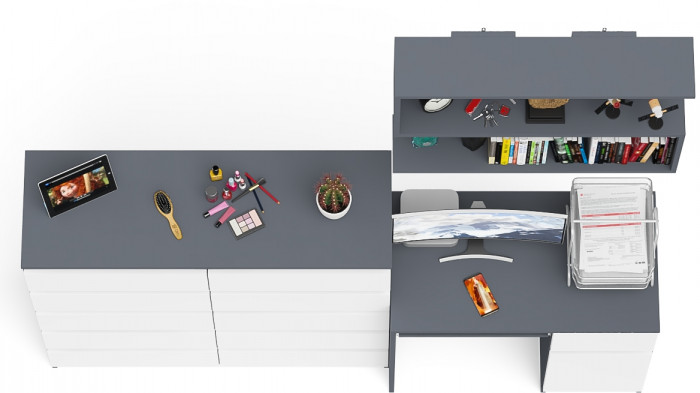 Мори Стол компьютерный МС-1 правый + Комод МК1200.10 + Полка 900, цвет графит/белый, ШхГхВ 210,4х50х209,6 см., НЕ универсальная сборка