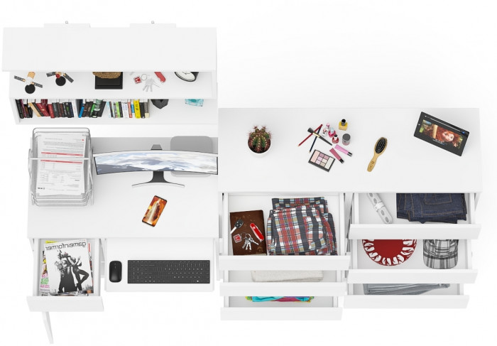 Мори Стол компьютерный МС-1 левый + Комод МК1200.10 + Полка 900, цвет белый, ШхГхВ 210,4х50х209,6 см., НЕ универсальная сборка