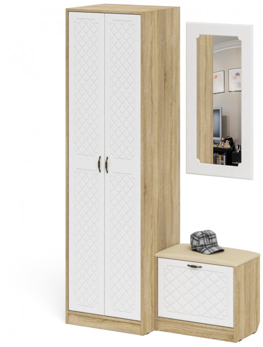 Прихожая П-6 Компоновка № 11, цвет дуб сонома/фасады МДФ белое дерево фрезеровка ромб, ШхГхВ 120х50х210 см., универсальная сборка