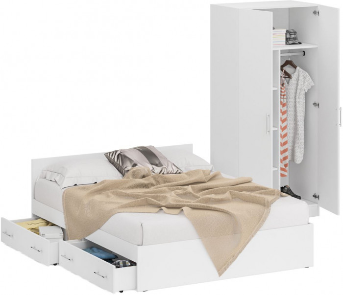 Кровать с ящиками 1600 + Шкаф 2-х створчатый Стандарт, белый
