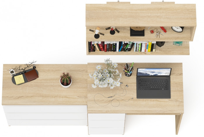 Мори компьютерный стол МС-6 левый + Комод МК800.1 + Полка 900, дуб сонома/белый