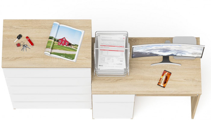 Мори Стол компьютерный МС-1 левый + Комод МК700.5, цвет дуб сонома/белый, ШхГхВ 160,4х50х114 см., выдвижной ящик слева, НЕ универсальная сборка