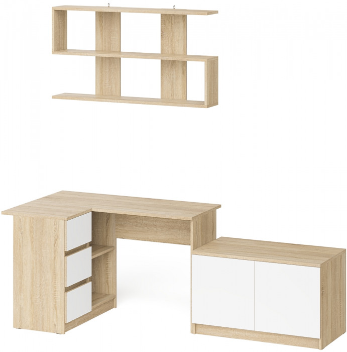 Мори Стол компьютерный МС-16 правый + Тумба МА900.1 + Полка 1200, цвет дуб сонома/белый, ШхГхВ 214,8х84,9х209,6 см., НЕ универс. сборка
