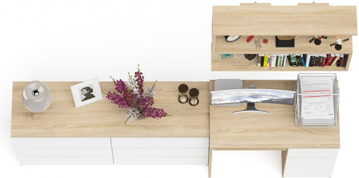 Мори компьютерный стол МС-1 правый + Комод МК1380.6 + Полка 900, дуб сонома/белый