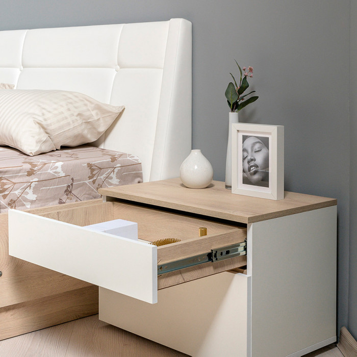 Муссон Кровать 11.41 + ортопед + Тумба 16.03, цвет белый/дуб эндгрейн элегантный, сп. м. 1600х2000 мм., б/м