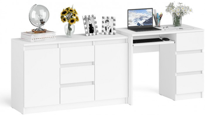 Мори компьютерный стол МС-6 правый + Комод МК1200.3, белый
