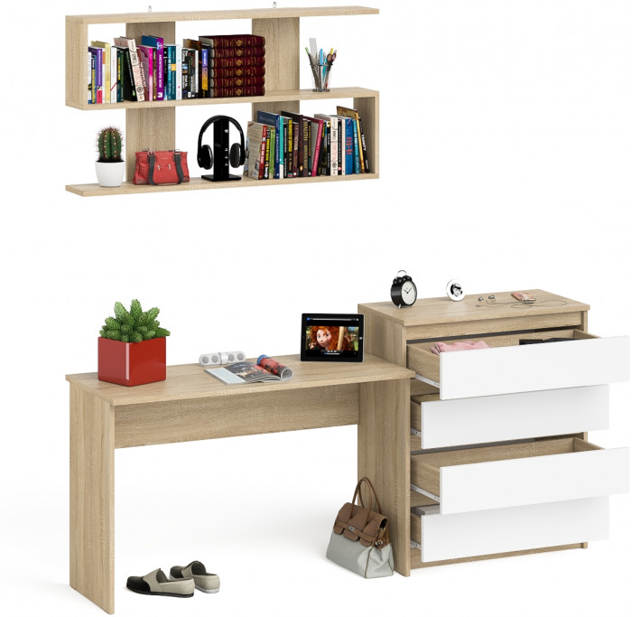 Мори Стол письменный МСП1200.1 + Комод МК800.4 + Полка 1200, цвет дуб сонома/белый, ШхГхВ 200,8х50х209,6 см., универсальная сборка
