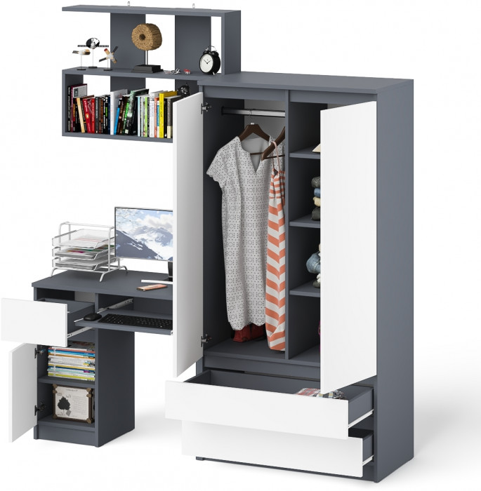 Мори Стол компьютерный МС-1 левый + Шкаф МШ900.1 + Полка 900, цвет графит/белый, ШхГхВ 180,4х50,4х209,6 см., НЕ универсальная сборка