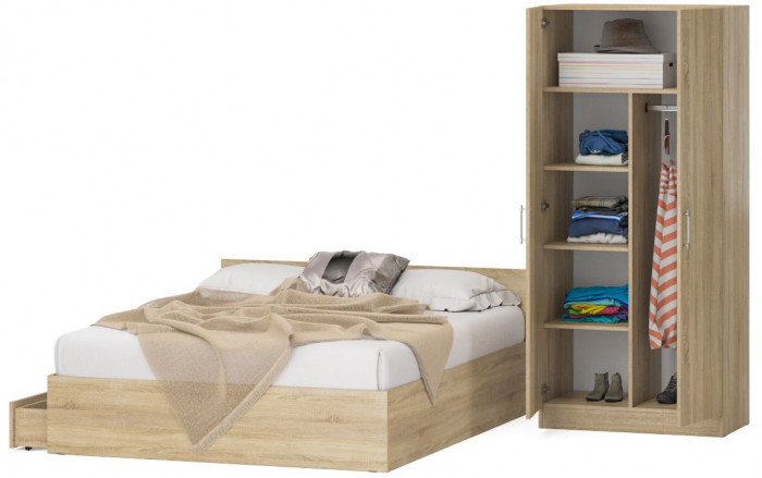 Кровать с ящиками 1600 + Шкаф 2-х створчатый Стандарт, дуб сонома