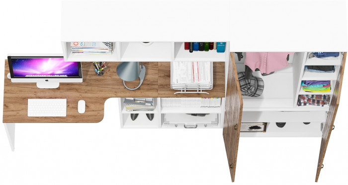 Лидер-8 Стол + Полка + Шкаф МД 20Б, белый шагрень/крафт золото