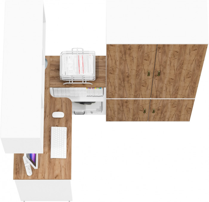 Лидер-8 Стол + Полка + Шкаф МД 20Б, белый шагрень/крафт золото
