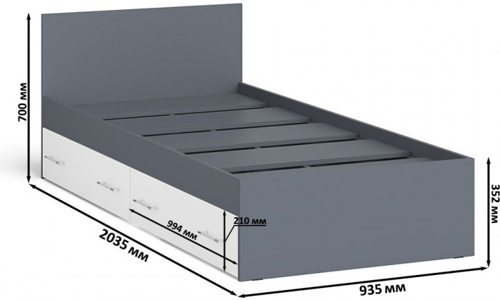 Мори Кровать с ящиками 0900, графит/белый