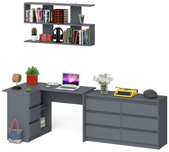 Мори компьютерный стол МС-16 левый + Комод МК1200.6 + Полка 1200, графит