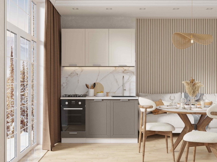 Кухня Альфа 1,4 м комби верх белый, низ вулкан (корпус белый, столешница мрамор лацио)